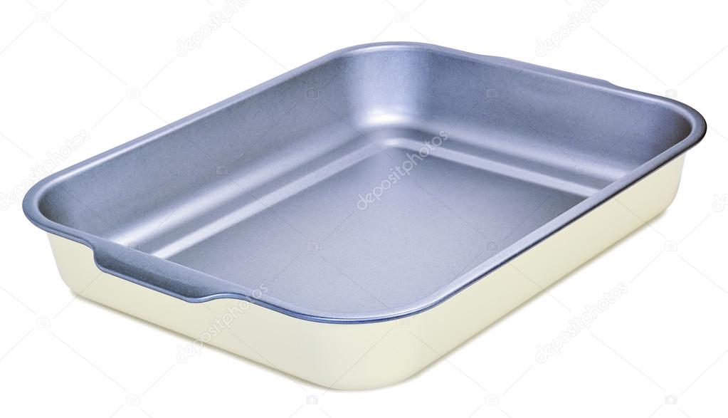 Metal baking tray isolated on white 