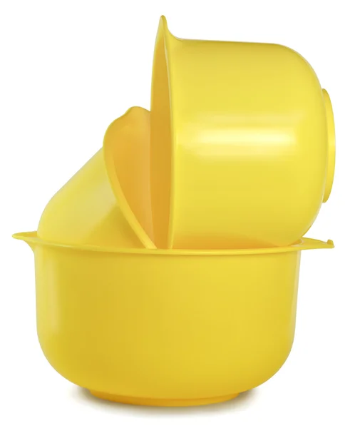 Conjunto de três tigelas de plástico amarelo — Fotografia de Stock
