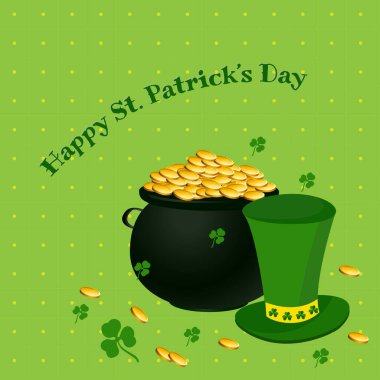 Aziz Patrick Günü 'nüz kutlu olsun şapkalı şablon, siyah altın sikkeler, yeşil polka desenli yonca afiş, afiş