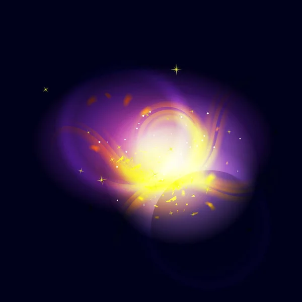 概要惑星上の宇宙フレアで 暗い紫 オレンジ色の星があります — ストックベクタ