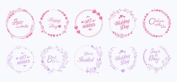 Wedding Graphical Art Set Laurels Wreaths Branches Flowers Hearts Pink — Stock Vector