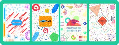 Memphis defter kapağı. Moda geometrik tasarımı olan 4 kişilik bir set. Kapaklar, kuponlar, posterler, afişler ve afişler için şablon.