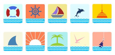 Denizcilik seyahat simgeleri ayarlandı. Deniz yolculuğu unsurları koleksiyonu. Deniz gezisi seti.