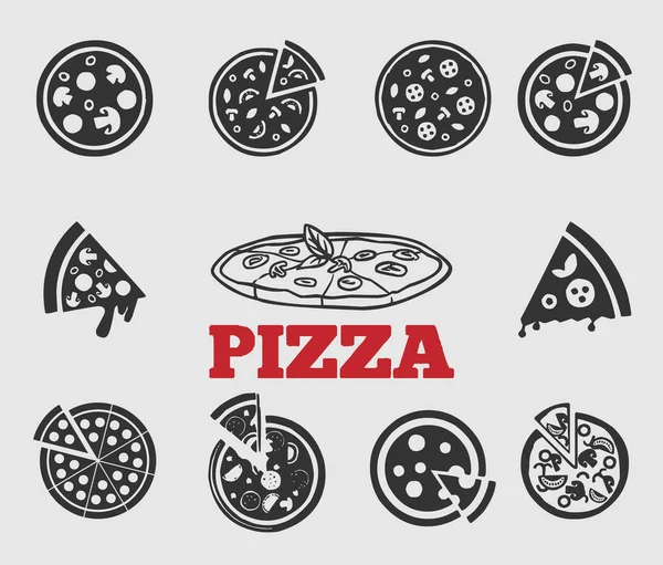 Conjunto Iconos Pizza Blanco Negro Rodajas Sobre Fondo Gris Para — Vector de stock