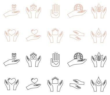 Çeşitli eller farklı şeyleri tutarken çizgi simgeleri siyah beyaz ve ten renginde vektör illüstrasyonları