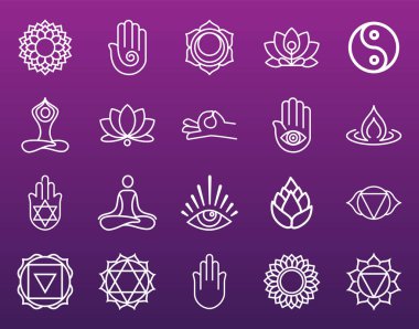 Mor menekşe eğimli arkaplanda yoga çizgisi simgeleri ayarlandı