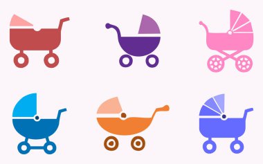 Bebek arabası gezinti ikonu seti. Terfi ve reklam için düz renkli bebek arabaları.