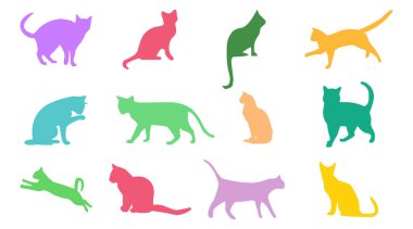 Beyaz arkaplanda renkli kedi vektör simgesi ayarlandı