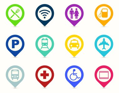 Beyaz arkaplanda renkli harita efsanesi düz vektör sembolleri ve simge seti. İşaretli harita işaretleyicileri kümesi