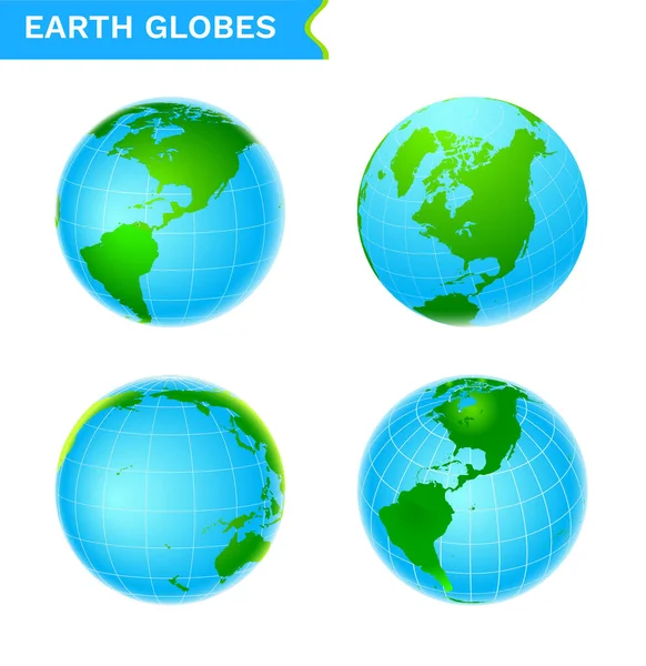 Earth Globes Icône Vectorielle Réglée Vert Bleu Sur Fond Blanc — Image vectorielle