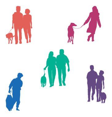 Köpek gezdirme rengarenk insanlar vektör çizim kümesi 5