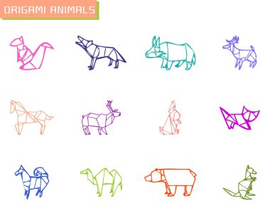 Origami Hayvanları Renkli Düz Vektör Simgesi seti