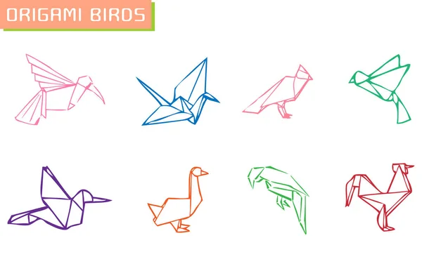 Origami Oiseaux Coloré Plat Vecteur Icône Ensemble — Image vectorielle