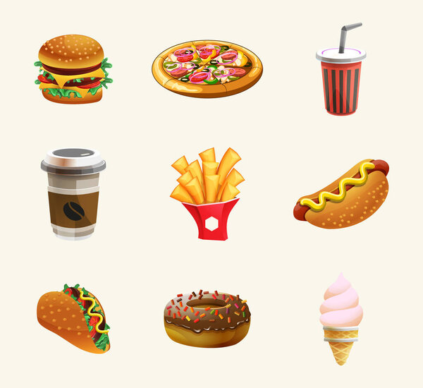 Fast food variety vector icon set. Set of 9 icons