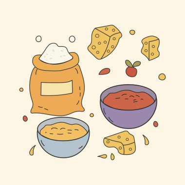 El yapımı Akdeniz Mutfak Malzemeleri Un Çuvalı Peynir ve Domates Sosu