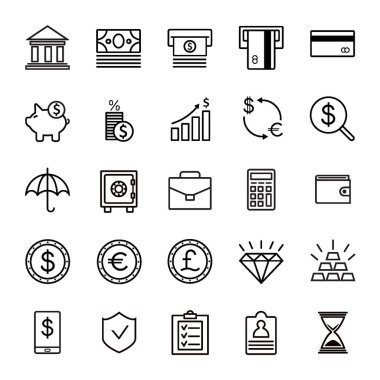 İnce doğrusal hatlara sahip vektör simgeleri seti finans ve para, şeffaf substrat üzerinde mükemmel piksel 64, beyaz zemin üzerinde izole siyah