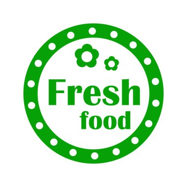 Yuvarlak pul işareti. Beyaz arkaplanda taze yiyecek izole edilmiş.