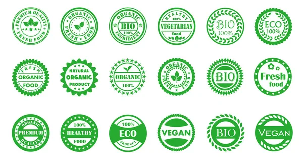 Набор Зелеными Круглыми Печатями Печати Наклейки Здоровую Пищу Изолированы Белом — стоковый вектор