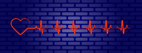 Neon Rood Hart Met Hartlijn Hartlijn Cardiogram Donkerblauwe Bakstenen Wand — Stockfoto