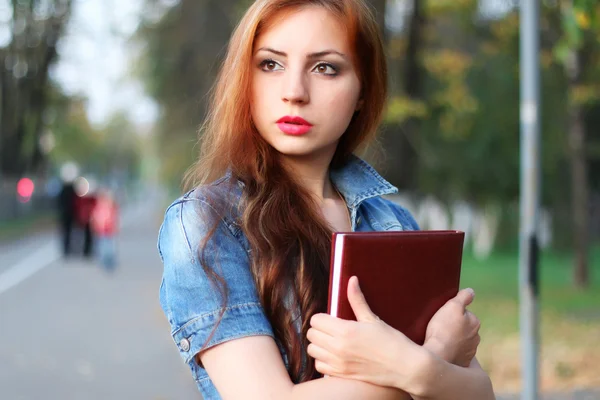 Червоноволоса дівчина папка суконь з документами — стокове фото