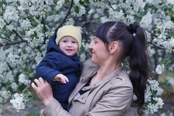 Madre con bambino nel giardino delle mele — Foto Stock