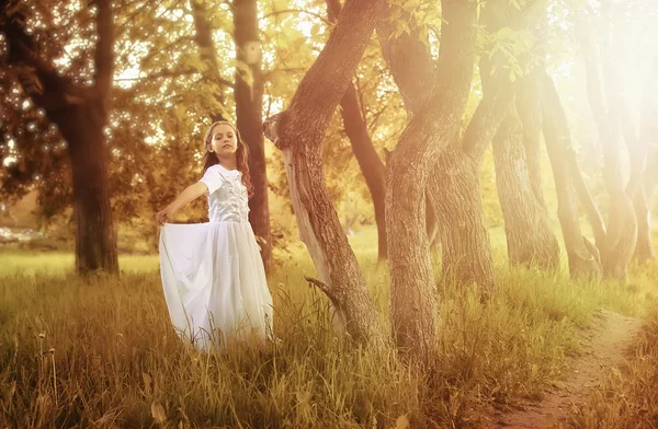 Chica en el parque de cuento de hadas con árbol en primavera — Foto de Stock