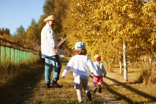 Los niños caminan con el abuelo en verano — Foto de Stock