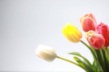 Bir buket taze çiçek. Sevdiğine bayram hediyesi. Sevgililer Günü arkaplanı. Gül, lale, Iris çiçek aranjmanı.