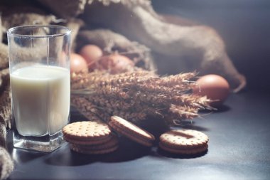 Siyah bir masada buğday ve glüten ile taze çıtır kurabiye. Fırın ve market konsepti. Taze, sağlıklı çavdar ve beyaz kurabiyeler, çuval bezine sütle serpiştirilmiş un. Mısır gevrekli ev yapımı kurabiye..