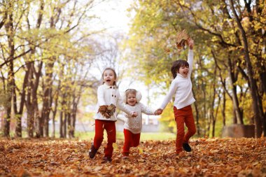 Genç bir aile güneşli bir günde sonbahar parkında yürüyüş yapıyor. Birlikte olmanın mutluluğu..