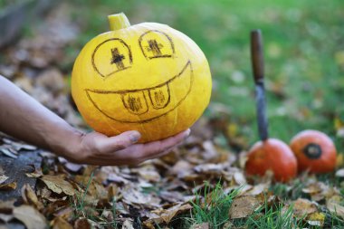 Sonbahar gelenekleri ve Cadılar Bayramı hazırlıkları. Doğada bir ev, masada balkabağından yapılmış bir lamba kesilir..