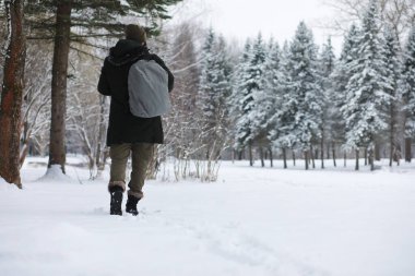 Palto ve İskoç kumaşlı yakışıklı bir adamın açık hava portresi. Sıradan kış modası.