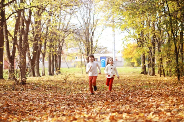 晴れた日には秋の公園を散歩する若い家族 一緒にいる幸せ — ストック写真