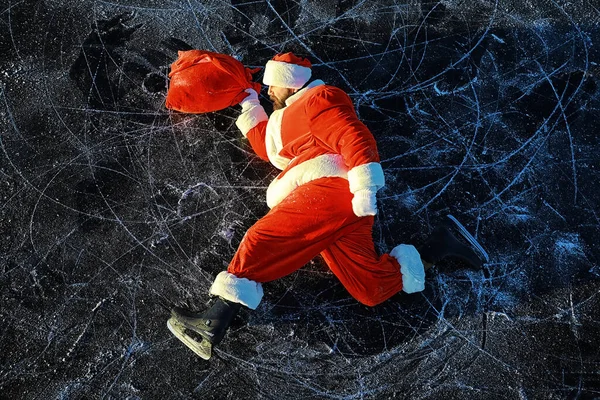 Santa Claus Spěchá Nový Rok Dárky Vánoční Stromeček Santa Claus — Stock fotografie