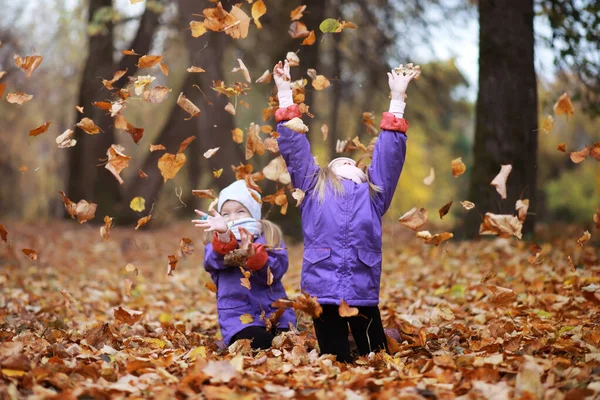 Genç Bir Aile Güneşli Bir Günde Sonbahar Parkında Yürüyüş Yapıyor — Stok fotoğraf