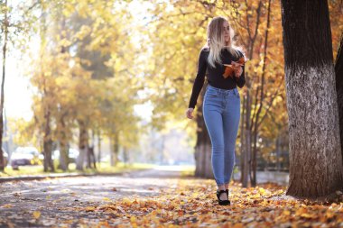 Sonbahar parkında yürüyüş yapan genç ve güzel bir kız. Şehir parkında yapraklar dökülüyor. Ekim.