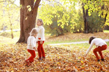 Genç bir aile güneşli bir günde sonbahar parkında yürüyüş yapıyor. Birlikte olmanın mutluluğu..