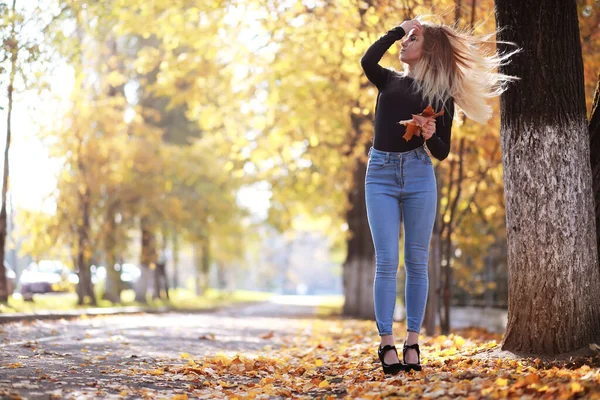 Menina Bonita Nova Passeio Parque Outono Folha Cair Parque Cidade — Fotografia de Stock