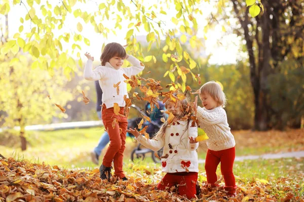 Genç Bir Aile Güneşli Bir Günde Sonbahar Parkında Yürüyüş Yapıyor — Stok fotoğraf