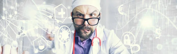 A cross-eyed bearded man is looking into the frame. Eye disease. The concept of crazy medical specialist. Doctor neighbor.