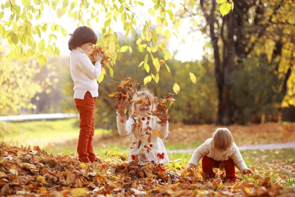 Junge Familie Bei Einem Spaziergang Herbstpark Einem Sonnigen Tag Das — Stockfoto