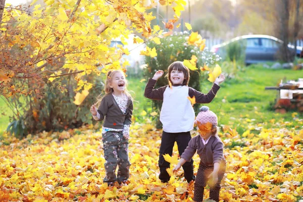 Ung Familj Promenad Höstparken Solig Dag Lycka Att Vara Tillsammans — Stockfoto