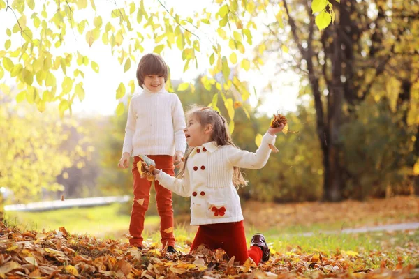 晴れた日には秋の公園を散歩する若い家族 一緒にいる幸せ — ストック写真
