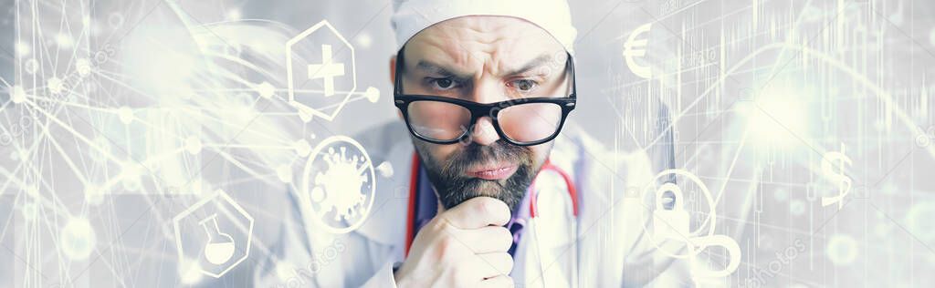 A cross-eyed bearded man is looking into the frame. Eye disease. The concept of crazy medical specialist. Doctor neighbor.