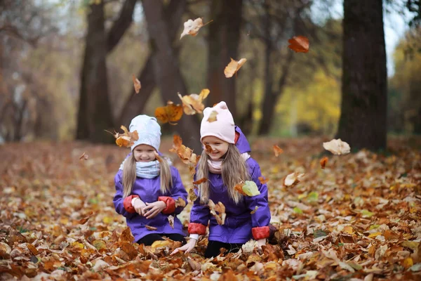 Familia Joven Paseo Por Parque Otoño Día Soleado Felicidad Estar —  Fotos de Stock