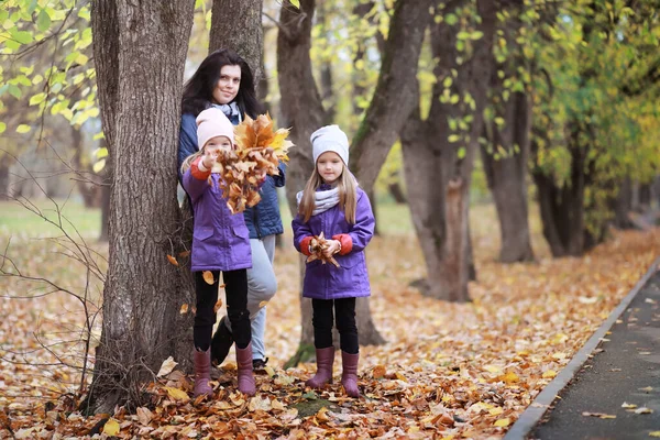 阳光明媚的日子 年轻的一家人在秋天的公园里散步 幸福的在一起 — 图库照片