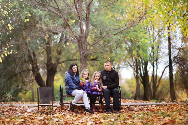 Giovane Famiglia Una Passeggiata Nel Parco Autunnale Nella Giornata Sole — Foto Stock