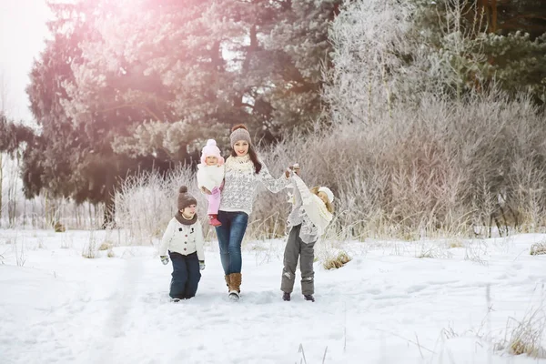 Bonne Famille Jouant Riant Hiver Extérieur Dans Neige Parc Municipal — Photo