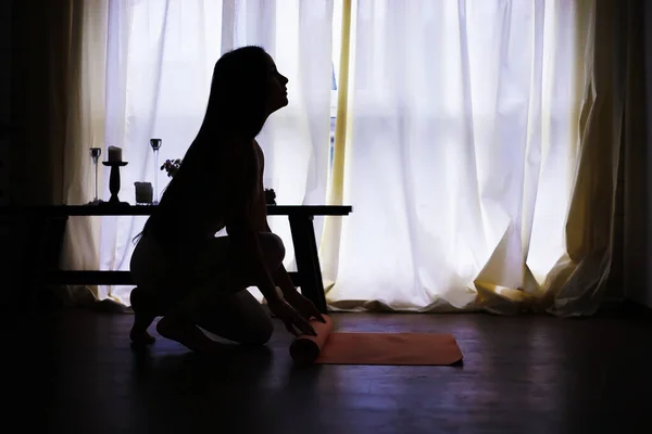 Yoga Egzersizleri Yapan Güzel Atletik Kız Evde Meditasyonun Tadını Çıkarıyor — Stok fotoğraf