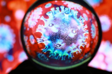 Grip kolajı COVID-19 virüs hücreleri mikroskop altında kan içinde. Virüs hücreleri ya da bakteriler mikroskop altında. Mikrop mikroorganizması, yakın plan. makro fotoğrafçılık